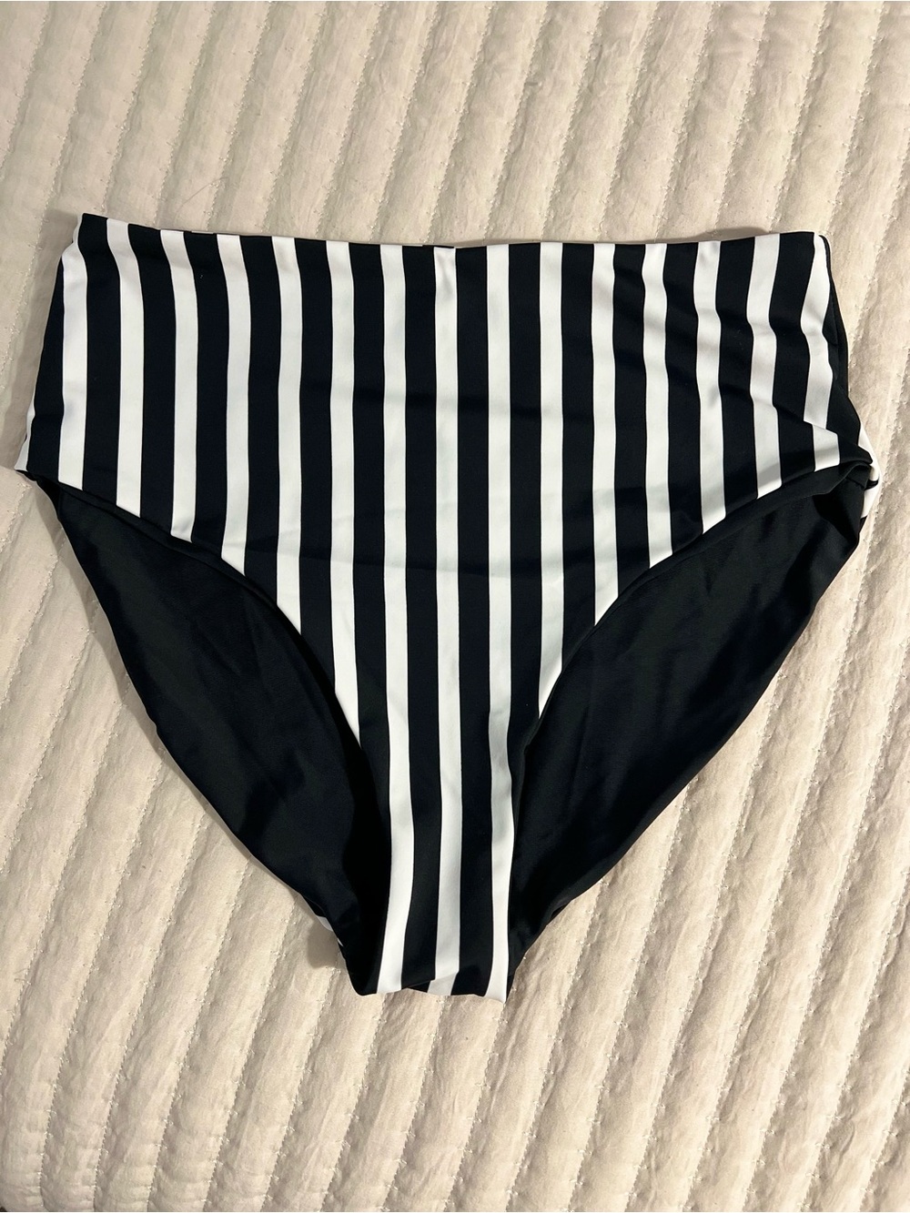High-Rise Black & White Vertical-Stripe Swim Bottom. Coral Reef